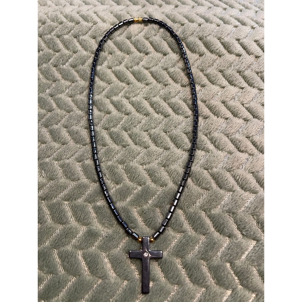 Hematite Beaded Cross Necklace Gunmetal Gray Religious Pendant Rhinestone Accent